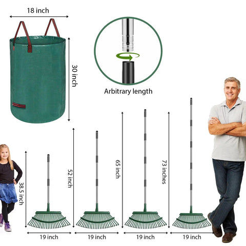 Adjustable Metal Leaf Rake Set With Telescopic Handle From Thirty Eight To Seventy Three Inches Twenty Five Tines Nineteen Inch Wide Includes Two 32 Gallon Leaf Bags And Scoops Heavy Duty Garden Rake For Lawns Shrubs Grass And Flower Beds displayed with size comparison