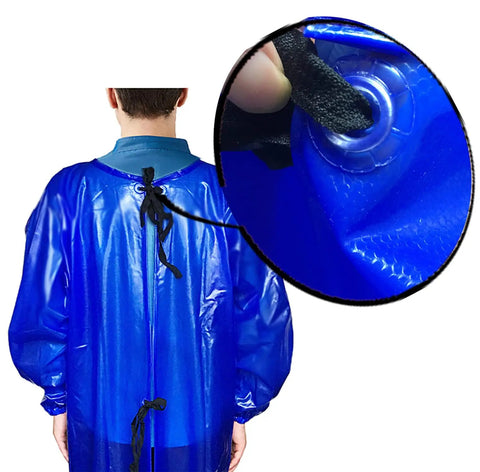 Back view of the Tough As Nails Heavy Duty Chemical Resistant Apron With Sleeves For Oil And Acid, PVC, size S M, with back closure detail