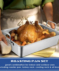 Stainless Steel Roasting Pan With Rack Set Large 15.2 Inch Lasagna Pan Includes V Shaped Rack And Basting Brush Heavy Duty Dishwasher Safe Perfect For Turkey Chicken Veggies And Other Dishes holding roasted chicken with vegetables