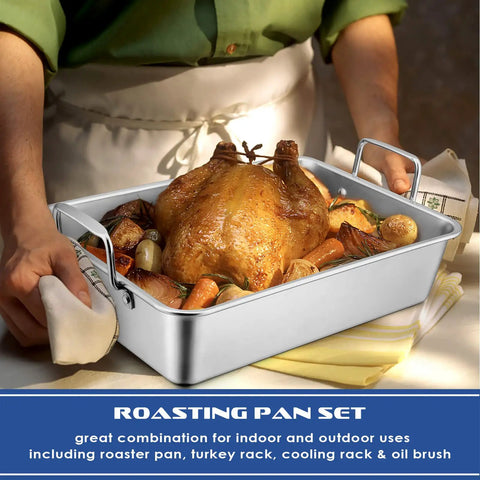 Stainless Steel Roasting Pan With Rack Set Large 15.2 Inch Lasagna Pan Includes V Shaped Rack And Basting Brush Heavy Duty Dishwasher Safe Perfect For Turkey Chicken Veggies And Other Dishes holding roasted chicken with vegetables