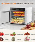 Solid Food Dehydrator With Eight Stainless Steel Trays For Fast Jerky And Fruit Drying featuring assorted fruits and vegetables on trays.