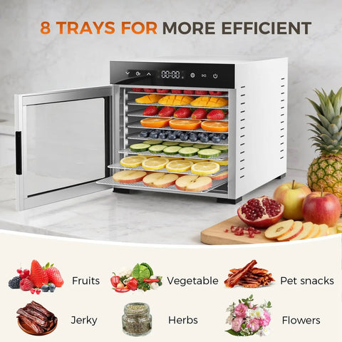 Solid Food Dehydrator With Eight Stainless Steel Trays For Fast Jerky And Fruit Drying featuring assorted fruits and vegetables on trays.
