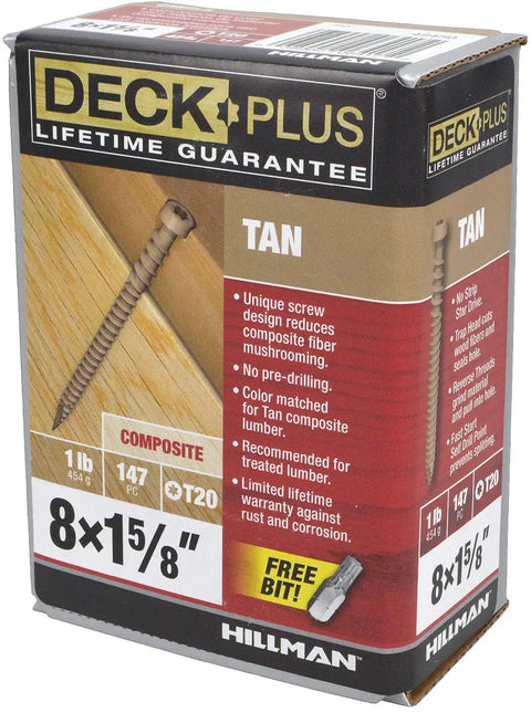 Tan Star Drive Composite Deck Screws Pre Drilled Countersunk Real Deal Fasteners For Wood Polymer Decking Heavy Duty in a packaging box.