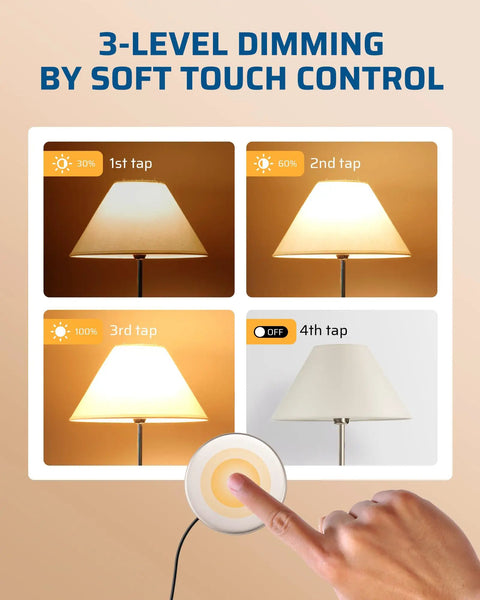 Three lamps with 3-level dimming and a hand using a touch control on a Two Pack Touch Dimmer Switch With 3 Level Dimming And Touch Pad Control For LED CFL And Incandescent Bulbs 8 Ft Extension Cord ETL Listed Black Great For Any Room.