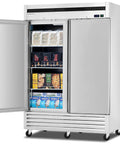Top Shelf 54 Inch Commercial Reach In Freezer, 49 Cubic Feet Two Door Cold Storage Cabinet open showing frozen food items.