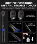 Three Eighth Inch Drive Click Torque Wrench With Five To Fifty Ft Lb Range And 6.8 To 67.8 Nm showing features like reversible ratchet head.