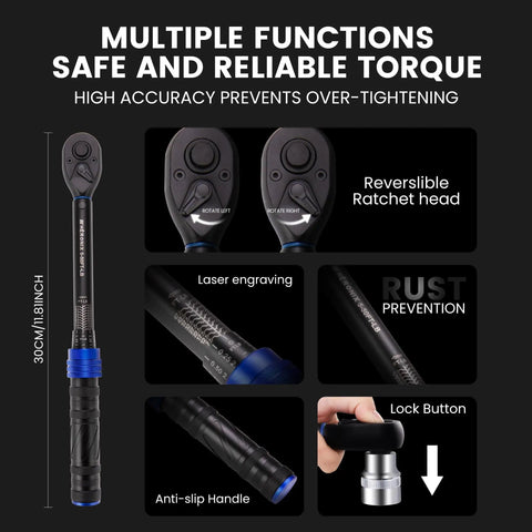 Three Eighth Inch Drive Click Torque Wrench With Five To Fifty Ft Lb Range And 6.8 To 67.8 Nm showing features like reversible ratchet head.