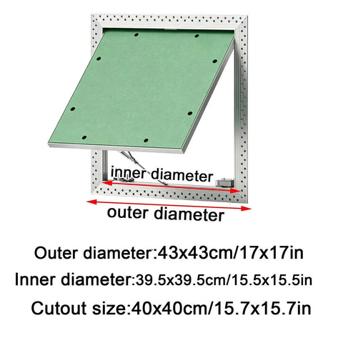 Rock Solid Aluminum Drywall Access Panel With Paintable Push Latch Cover For Ceilings displaying dimensions and installation details.