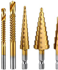 Six Piece Step Drill Bit Set Titanium Coated High Speed Steel Drill Bits For Wood Plastic Aluminum And Thin Metal Sheets Includes 5 Step 4mm To 12mm 9 Step 4mm To 20mm 10 Step 4mm To 20mm And 3 Twist Bits 3mm 6mm 8mm For DIYers Pro Builders