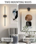 Set Of Two 28 Inch Black Linear Wall Sconce Hardwired 3000K Warm Led Light Fixture shown in vertical and horizontal mounting options.