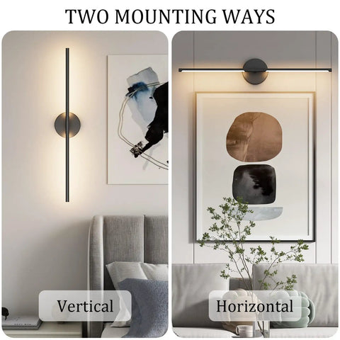 Set Of Two 28 Inch Black Linear Wall Sconce Hardwired 3000K Warm Led Light Fixture shown in vertical and horizontal mounting options.