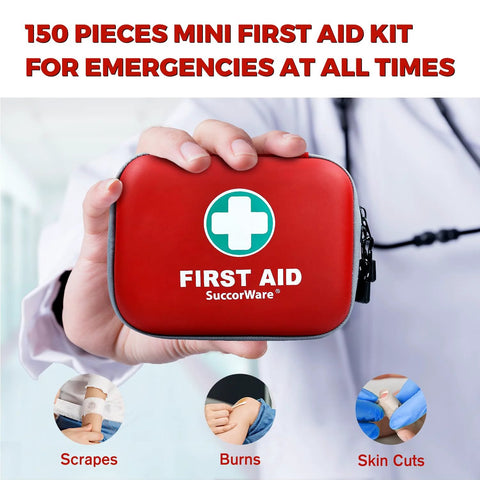 SuccorWare red hard-shell mini first aid kit, 150 pieces, front view with white cross logo.