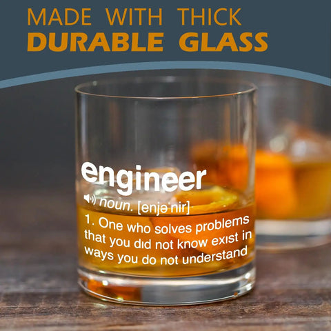 Engineering Themed Whiskey Glass Gift For Men 10 oz rocks glass with definition of engineer on table with whiskey inside.