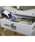 Lockable storage drawer of Beefy Heavy Duty Tear Down Table Workbench with drainage, showing tools inside.