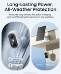 Wireless Security Camera C35 For Indoor And Outdoor Use With Magnetic Mount And Color Night Vision Local Storage No Monthly Fee IP67 Weatherproof Solar Panel Ready Plug And Play Setup For Flexible Placement showing rain resistance and solar charging on building