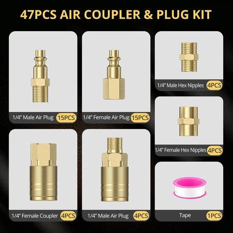 47 Piece One Quarter Inch NPT Air Coupler And Plug Kit With Brass And Copper Plated Fittings displayed with various components