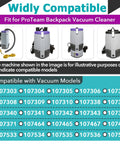 Image showing compatibility information for HEPA Filter Replacement 4 Pack For Coach Pro 10 SC Pro 6 GoFree Flex Pro And ProVac FS 6 Vacuum Cleaners 107315 Washable Reusable Filters Direct Replacement Easy Install For Cleaner Air Top Notch Filtration with various ProTeam backpack vacuum models.