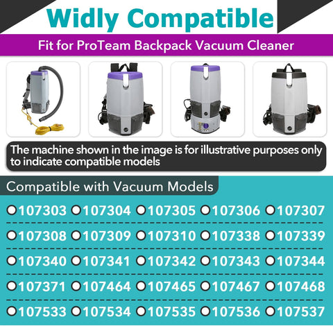 Image showing compatibility information for HEPA Filter Replacement 4 Pack For Coach Pro 10 SC Pro 6 GoFree Flex Pro And ProVac FS 6 Vacuum Cleaners 107315 Washable Reusable Filters Direct Replacement Easy Install For Cleaner Air Top Notch Filtration with various ProTeam backpack vacuum models.
