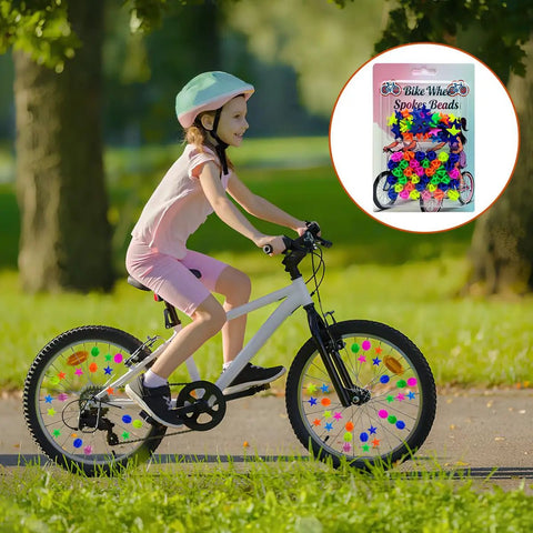 Child riding bike with colorful spokes; inset shows 72 Pack Colorful Bike Spoke Beads Kid Friendly Clip On Plastic Beads With Star And Round Shapes