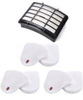 Four Pack Replacement Vacuum Filters For Shark Navigator Lift Away Upright Vacuum NV350 NV351 NV352 NV355 NV356E NV360 NV370 UV440 UV490 UV540 CU500 Series Compare To XFF350 And XHF350 including 1 HEPA post filter and 3 foam felt filter pads visible on white background.