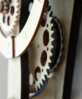 Close-up of 3D wooden gears from Mechanical Clock Kit For Walls 3D Wood Puzzle DIY With Pendulum And Wooden Gears No Batteries Needed Runs 36 Hours On One Wind Vintage Style Dope Modern Manual Clock For Home Wall Decor.