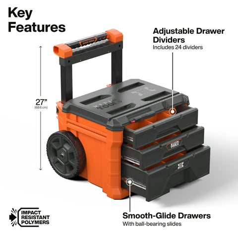 Modbox Three Drawer Rolling Toolbox With Ball Bearing Slides featuring adjustable dividers, smooth-glide drawers, and impact-resistant materials.