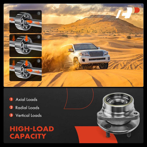 SUV driving on sand with infographic showing Two Pack Front Wheel Bearing Hub Assembly For Jeep Wrangler 1987-1989 Cherokee 1984-1989