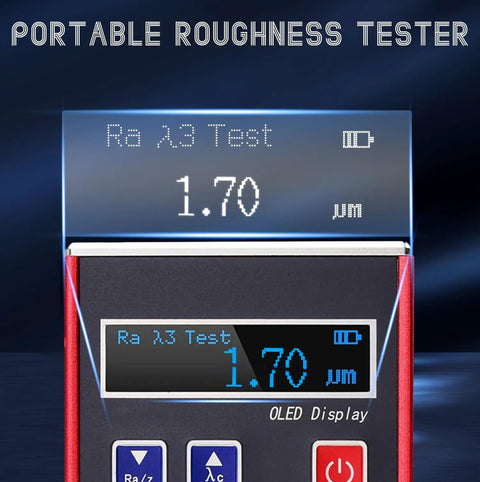 Surface Roughness Tester KR110 Pro Profilometer OLED display close-up showing Ra test reading, EMI resistant.