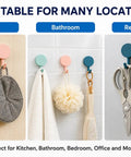 Sixteen Pack Dead Easy Colorful Adhesive Wall Hooks Self Stick Strong Tape No Drill Renter Friendly Low Key Decorative Style Quick Mount Organization For Any Space Major Room Refresh, shown on cabinet, bathroom, and refrigerator.