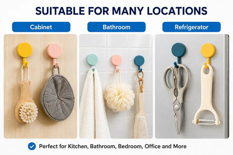 Sixteen Pack Dead Easy Colorful Adhesive Wall Hooks Self Stick Strong Tape No Drill Renter Friendly Low Key Decorative Style Quick Mount Organization For Any Space Major Room Refresh, shown on cabinet, bathroom, and refrigerator.
