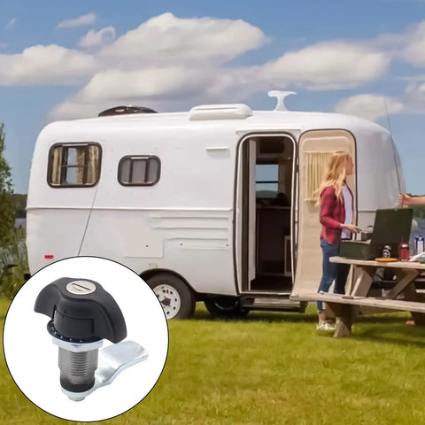 Keyed Alike Cabinet Locks With Cams for cabinets and trailers, shown with a white camper in a scenic outdoor setting.