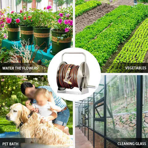 Heavy Duty Wheeled Garden Hose Reel Cart With Stainless Steel Build And Easy Roll Wheels For Yard Hose Storage in use for watering flowers.