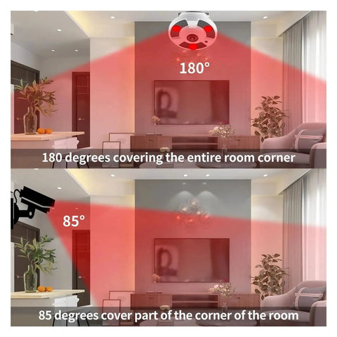 Comparison of 180-degree coverage vs. 85-degree coverage using Dead Set Solid 8MP Wired Security Camera.