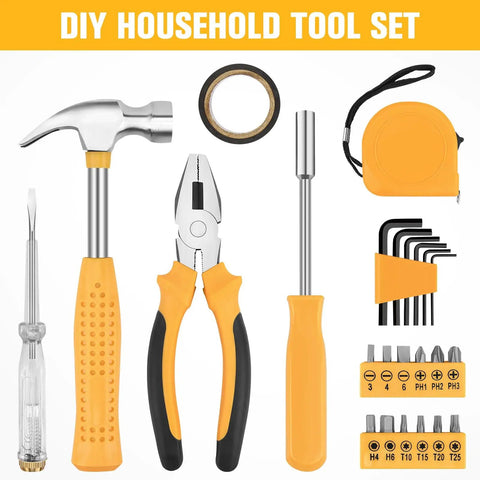 24 Piece Mini Tool Kit With Storage Box For Home DIY Office And Garage Yellow Ready To Roll Compact Hand Tool Set