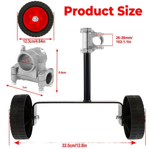 Universal String Trimmer Wheel Attachment Fits 26mm And 28mm Shafts, showing wheel size and mount details for lawn care.