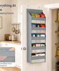 Five Tier Over The Door Hanging Storage Rack With Super Deep Pockets Absolute Game Changer For Cramped Dorm Rooms And RVs showing gray rack with deep mesh pockets for pantry storage.