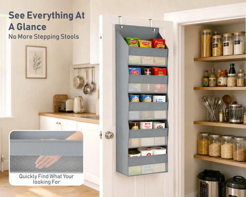 Five Tier Over The Door Hanging Storage Rack With Super Deep Pockets Absolute Game Changer For Cramped Dorm Rooms And RVs showing gray rack with deep mesh pockets for pantry storage.