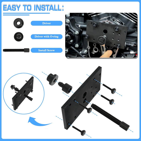 Front view: FQRANBO camshaft bearing remover/installer kit for Harley-Davidson Milwaukee-Eight; black steel mounting plate with bolts