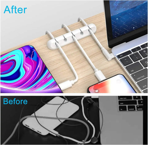 Before and after of White Cord And Cable Organizer Set For Car Home And Office Adhesive Wire Holder USB Cables organized vs tangled
