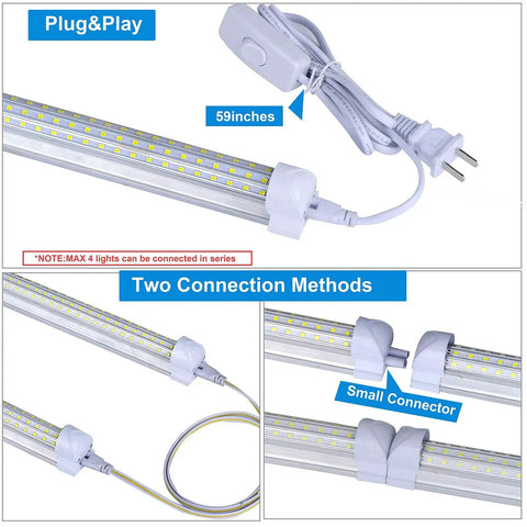 20 Pack Ultra Bright 8 Foot 150W LED Shop Lights With 19000 Lumens Each 6000K Cold White U Shape Clear Cover High Output Linkable T8 LED Tubes With Plug detailing connection methods