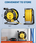 80 Foot Heavy Duty Retractable Extension Cord Reel For Indoor Outdoor Use With Four Grounded Outlets in storage setup