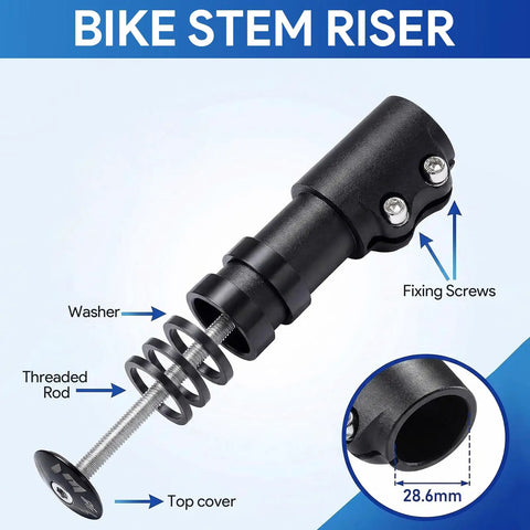 Adjustable Bike Stem Riser Extender for 31.8mm Handlebars, 28.6mm Forks, detailed view showing washer, screws, and components