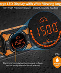 Dual Laser Digital Angle Finder With LED Display, Handy Pro Grade Inclinometer For Woodworking And Construction, Versatile 4 By 90 Degrees Or 2 By 180 Degrees Range, Accuracy About 0.1 To 0.2 Degrees, Class 2 Safe Output. orange digital angle finder with large LED display and IP54 waterproof rating