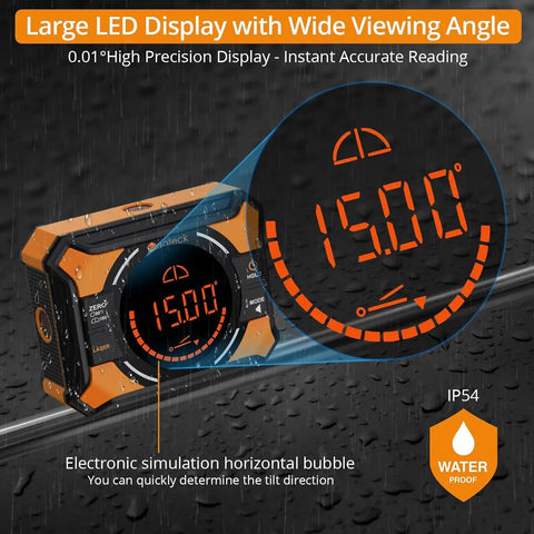 Dual Laser Digital Angle Finder With LED Display, Handy Pro Grade Inclinometer For Woodworking And Construction, Versatile 4 By 90 Degrees Or 2 By 180 Degrees Range, Accuracy About 0.1 To 0.2 Degrees, Class 2 Safe Output. orange digital angle finder with large LED display and IP54 waterproof rating