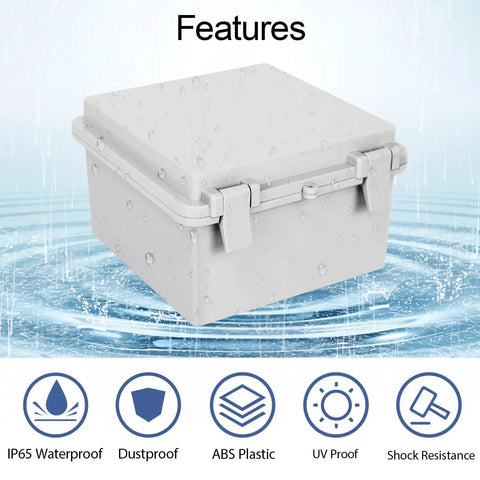 Hella Weatherproof Abs Plastic Junction Box IP65 Rated Secure Latch Closure Built Tough For Indoor Outdoor Wiring Projects Smooth Install Gray 5.9 X 5.9 X 3.5 Inch with water droplets.