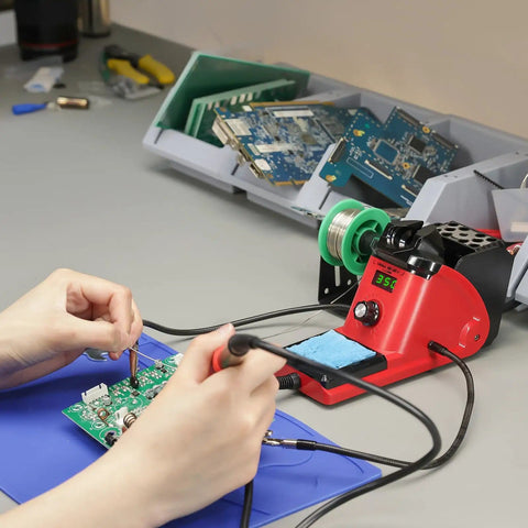 110W Soldering Iron Station Kit With LED Display and PID Temperature Control in use on electronics assembly.