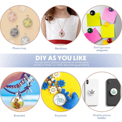 Variety of uses for DIY Sublimation Aluminum Blanks Set 1 Inch Round Discs With Bezel Pendant Trays, including jewelry and magnets.