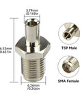 SMA Female To TS9 Male RF Coax Adapter For 4G LTE WiFi and FPV Drones, detailed size and connector type view