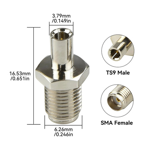 SMA Female To TS9 Male RF Coax Adapter For 4G LTE WiFi and FPV Drones, detailed size and connector type view