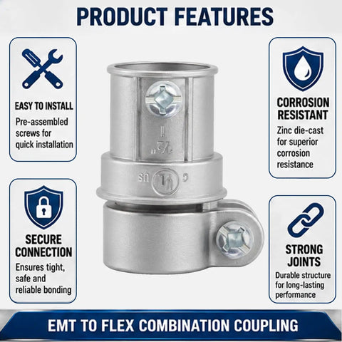 Half Inch EMT To Flex Combination Squeeze Coupling With Snap In Design For Quick Tool Free Install Connects One Half Inch EMT To Flexible Conduit With Durable Zinc Alloy Silver Finish Perfect For DIY Electrical Projects. Center view of 1/2 inch zinc die-cast EMT to flex coupling